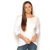 White Nova Draped Top styled casually. Lightweight micro modal, 3/4 sleeves, natural and eco-friendly Australian made top.