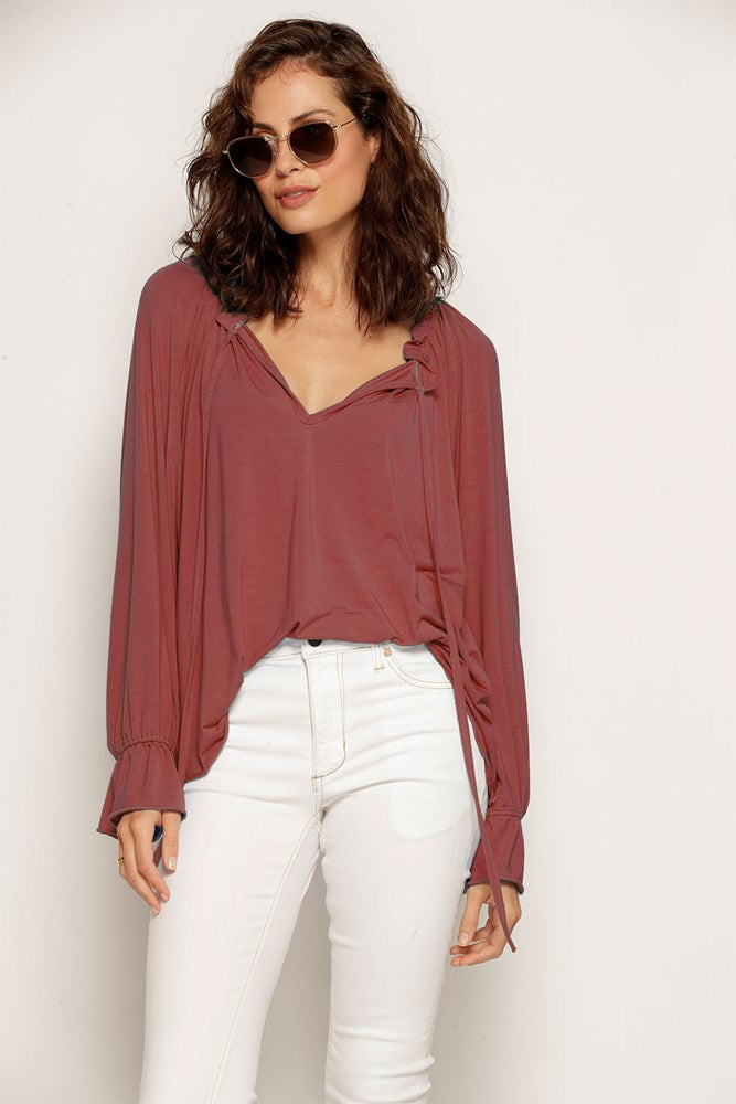 Peasant Top in Cinnamon with V-neck and drawstrings. Made from soft, natural modal, Australian made and eco-friendly.