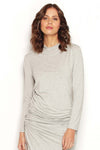 Grey Peony Top styled casually. Loose high neck, long sleeves, eco-friendly modal, Australian made and perfect for layering.