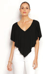 Side view of Black Peppe Top showing flowing shape and frill sleeves. Eco-friendly modal fabric, Australian made and breathable.