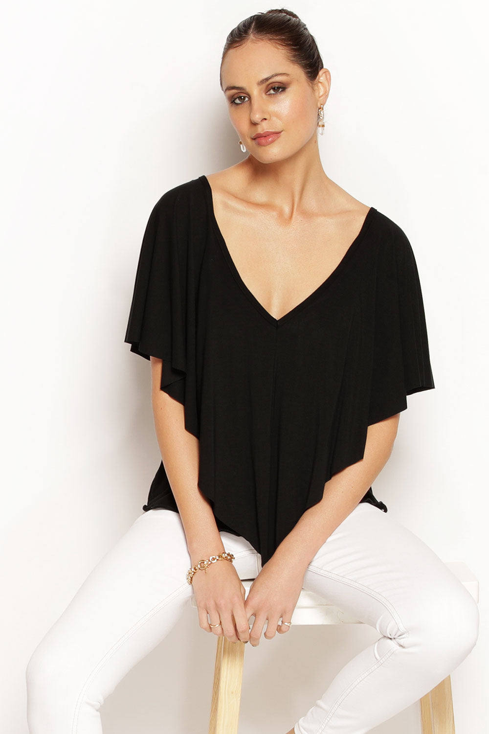 Peppe Top in Black with V-neck and frill sleeves. Made from soft, sustainable modal, Australian made.